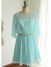 Blue Chiffon Elbow Sleeves Beads Sash Short Mother Dress